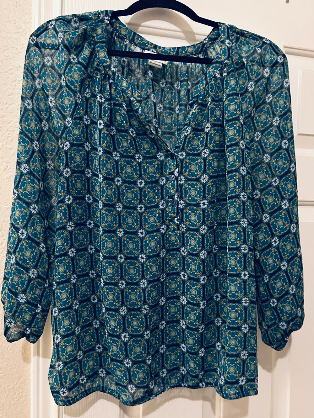 Liz Claiborne Teal Geometric Floral Print Blouse